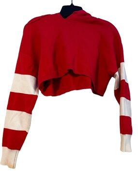 Forever 21 Women’s Casual Sporty Vibrant Red Cropped Sweatshirt White Stripes M